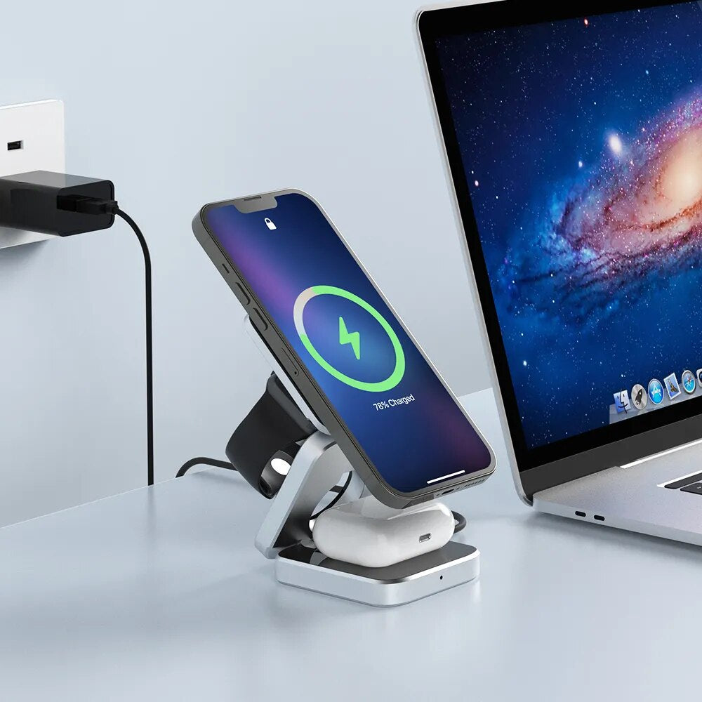 "Ultimate 3-In-1 Magnetic Wireless Charger Stand for Iphone 15/14/13 Pro/Max/Plus and Airpods 3/2 - Fast Charging Dock and Stylish Holder!"